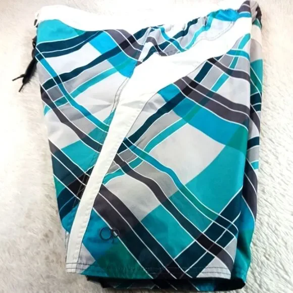 OP Blue and White Geometric Board Shorts Lined. Mens Large 36/38 NWOT - Picture 2 of 9